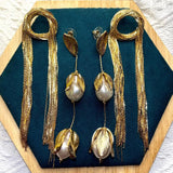 Temperament Long Pearl Flower Leaf Tassel Earrings
