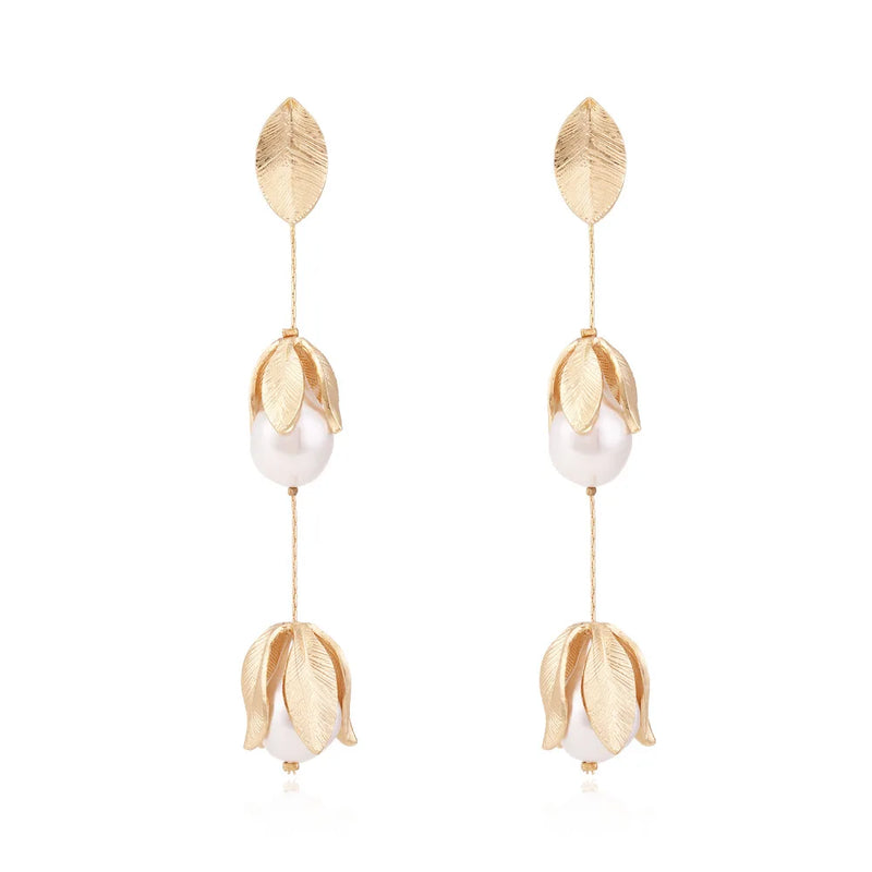 Temperament Long Pearl Flower Leaf Tassel Earrings