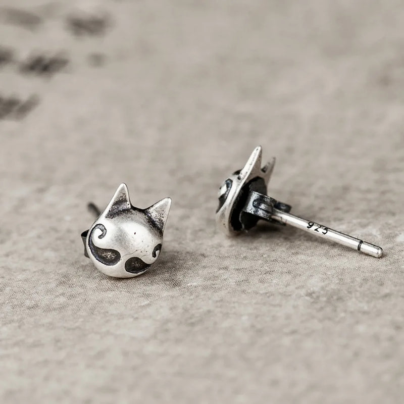 925 Sterling Silver Bearded Cat Studs Earrings Women Girls Ear Animal Jewelry