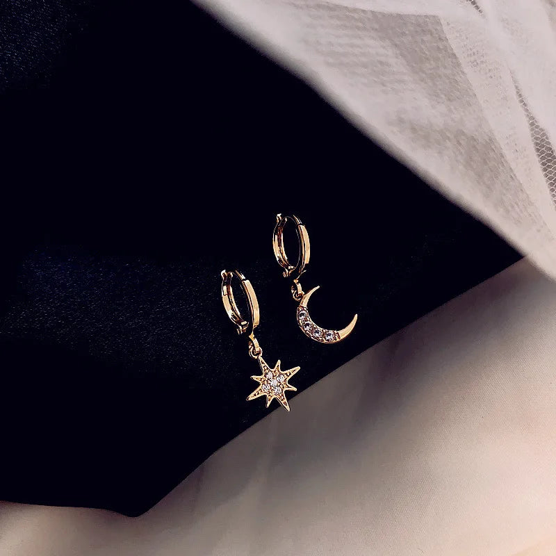 Asymmetrical Star and Moon Earrings Wedding Diamonds