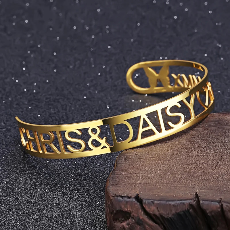 Zciti Hollow Name Bangles Personalized Stainless Steel Men and Women