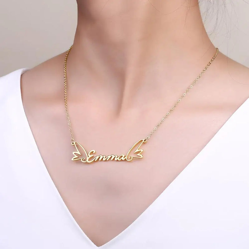 Personalized Wing Pendant Name Necklace Silver Stainless Steel Necklace