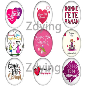 French Happy Birthday Mom Oval Shape Glass Art Picture Cabochons Beads