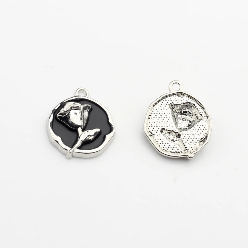 Enamel Rose Flowers Coin Charms 10pcs - DIY Jewelry Making