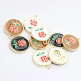 Enamel Charms Rose Flowers Coin Charms 10pcs for DIY Jewelry Making