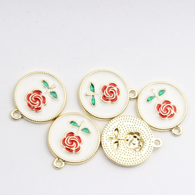 Enamel Charms Rose Flowers Coin Charms 10pcs for DIY Jewelry Making