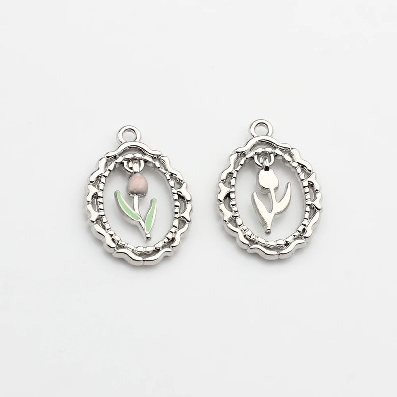 Enamel Tulip Flowers Coin Charms 6pcs/lot DIY Jewelry Making