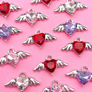 10Pcs Mini Crystal Heart Wing Charms Silver Devil Heart DIY Earrings Accessories
