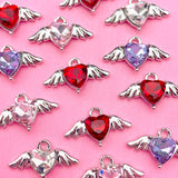 10Pcs Mini Crystal Heart Wing Charms Silver Devil Heart DIY Earrings Accessories