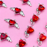 10Pcs Mini Crystal Heart Wing Charms Silver Devil Heart DIY Earrings Accessories