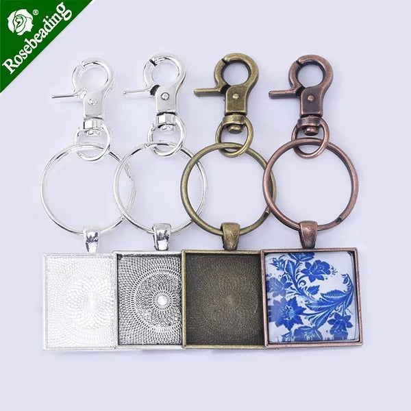 DIY 25mm Square Craft Pendant Kits Key Chains Lobster Clasps Clips Key Rings