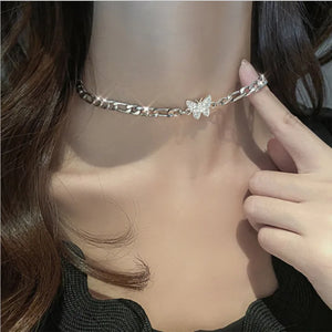 Zircon Butterfly Choker Silver-plated Necklace
