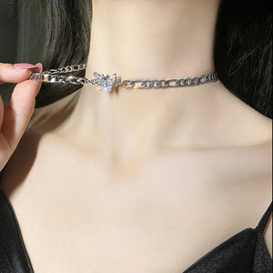 Zircon Butterfly Choker Silver-plated Necklace