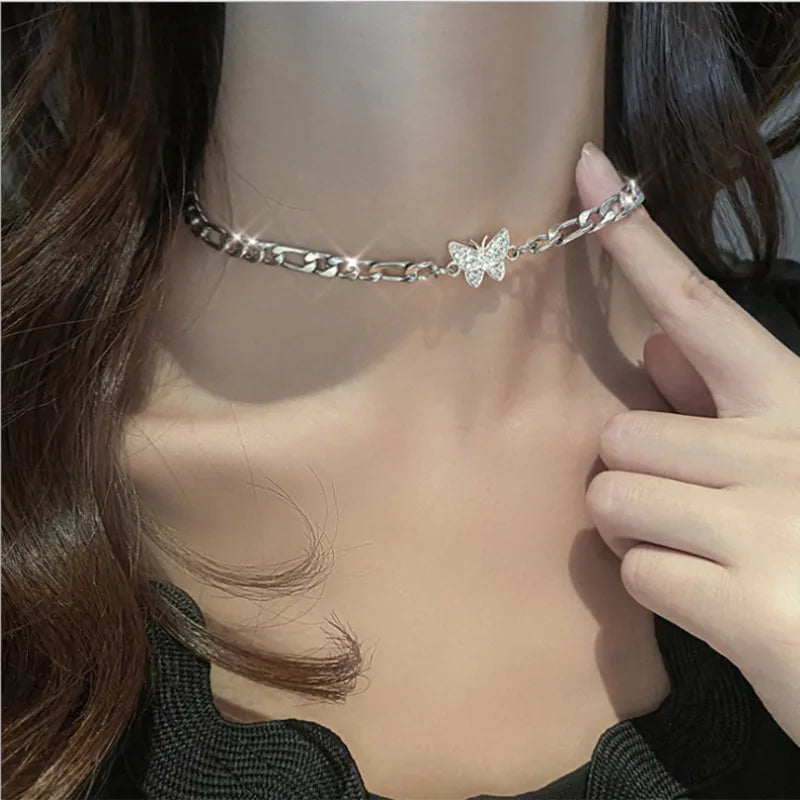 Zircon Butterfly Choker Silver-plated Necklace