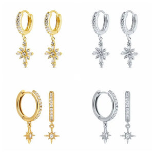 Zircon Cross Earrings 925 Silver Star Hoop Earrings Piercing Jewelry