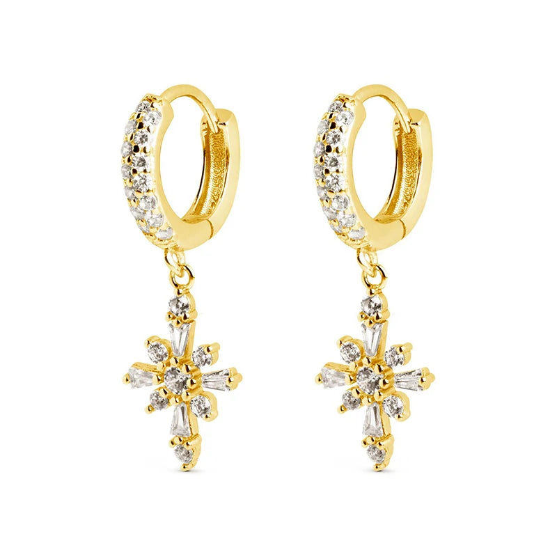 Zircon Cross Earrings 925 Silver Star Hoop Earrings Piercing Jewelry