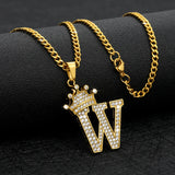 Zircon Crown Initials Chain Necklace Stainless Steel Pendant Men's Hip Hop