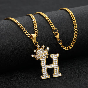Zircon Crown Initials Chain Necklace Stainless Steel Pendant Men's Hip Hop