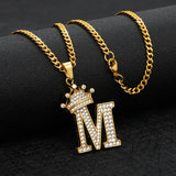 Zircon Crown Initials Chain Necklace Stainless Steel Pendant Men's Hip Hop