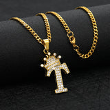 Zircon Crown Initials Chain Necklace Stainless Steel Pendant Men's Hip Hop