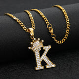 Zircon Crown Initials Chain Necklace Stainless Steel Pendant Men's Hip Hop