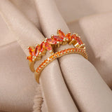 Zircon Double Layer Red Stone Rings For Women Stainless Steel