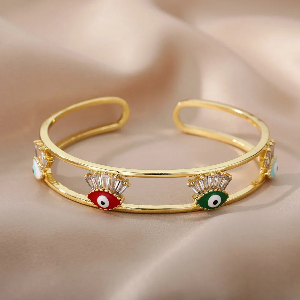 Zircon Evil Eye Open Cuff Bangle Bracelet Women Jewelry