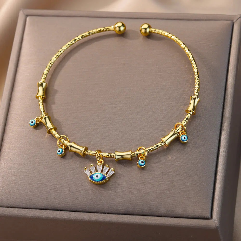 Zircon Fatima Hand Evil Eye Bracelet Stainless Steel Bangle Lucky Jewelry