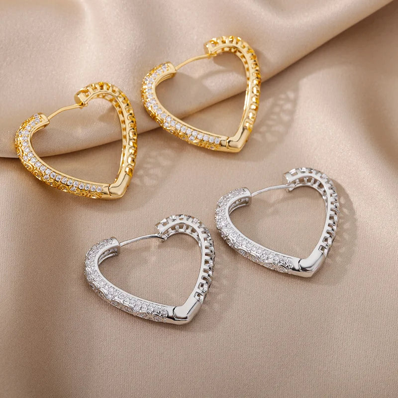 Zircon Geometric Hoop Earrings Stainless Steel Silver Cuff Piercing Jewelry