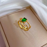 Zircon Green Square Rings Stainless Steel Adjustable Ring