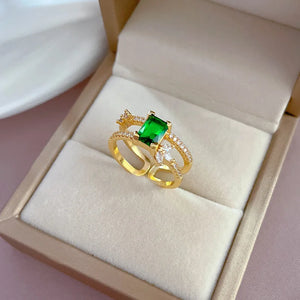 Zircon Green Square Rings Stainless Steel Adjustable Ring