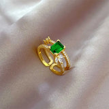 Zircon Green Square Rings Stainless Steel Adjustable Ring
