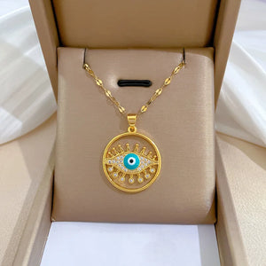 Hollow Evil Eye Necklace Zircon Round Stainless Steel