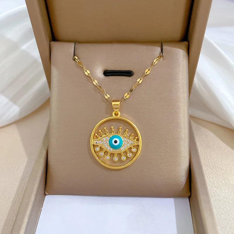 Hollow Evil Eye Necklace Zircon Round Stainless Steel