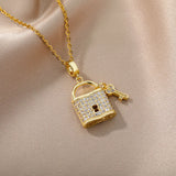 Zircon Lock Necklaces Stainless Steel Chain Choker Padlock Key Necklace
