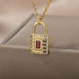Zircon Lock Necklaces Stainless Steel Chain Choker Padlock Key Necklace