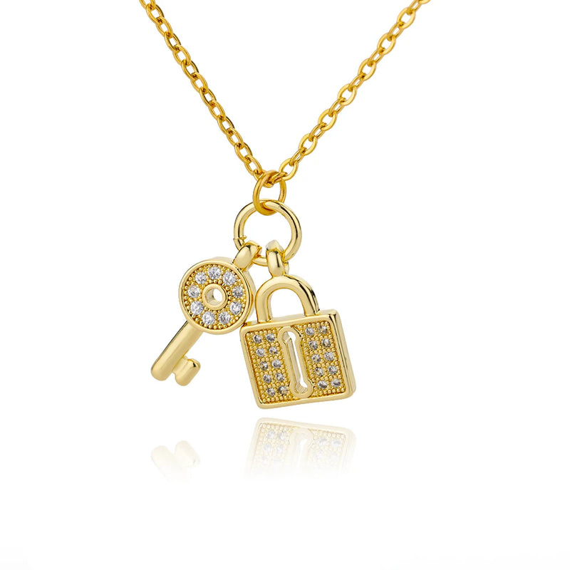 Zircon Lock Necklaces Stainless Steel Chain Choker Padlock Key Necklace