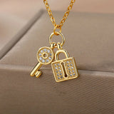 Zircon Lock Necklaces Stainless Steel Chain Choker Padlock Key Necklace