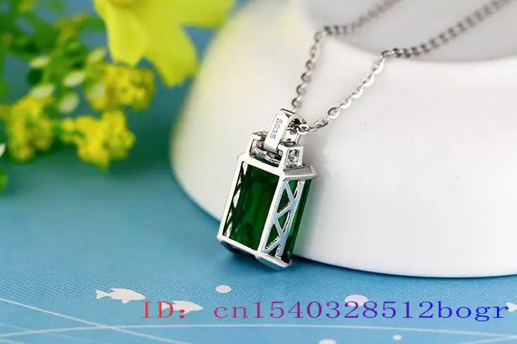 Vintage Zircon Pendant Necklace Green Crystal 925 Silver