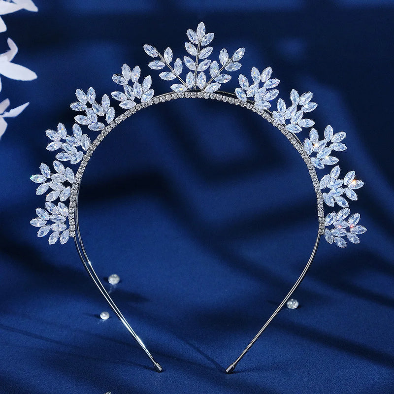 Zirconia Crystal Tiara Crown Leaf Headband Silver Wedding Accessories