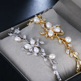 Zircons Women Large Flower Charm Pearl CZ Wedding Bracelet