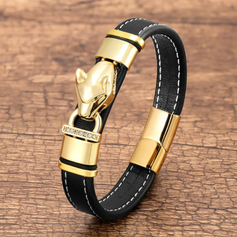 Leopard Print Leather Bracelet Stainless Steel Buckle Statement Bracelet