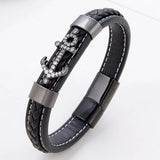 Men's Anchor CZ Zirconia Bracelet Black Leather Stainless Steel Buckle