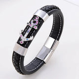 Men's Anchor CZ Zirconia Bracelet Black Leather Stainless Steel Buckle