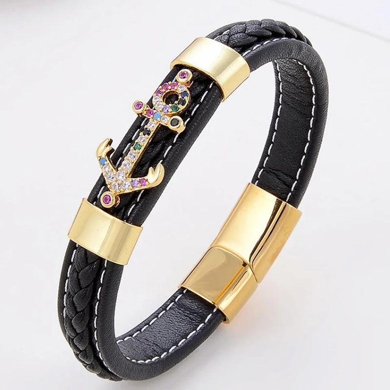 Men's Anchor CZ Zirconia Bracelet Black Leather Stainless Steel Buckle