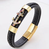 Men's Anchor CZ Zirconia Bracelet Black Leather Stainless Steel Buckle