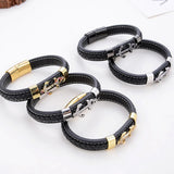 Men's Anchor CZ Zirconia Bracelet Black Leather Stainless Steel Buckle