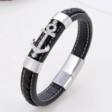 Men's Anchor CZ Zirconia Bracelet Black Leather Stainless Steel Buckle