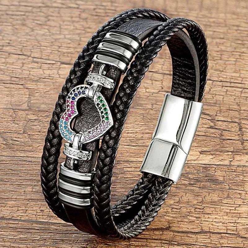 Zlxgirl CZ Zirconia Leather Bracelet Love Rope Stainless Steel Buckle