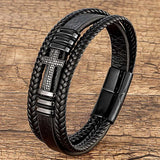Zlxgirl CZ Zironia Cross Bracelet Leather Rope Stainless Steel Buckle